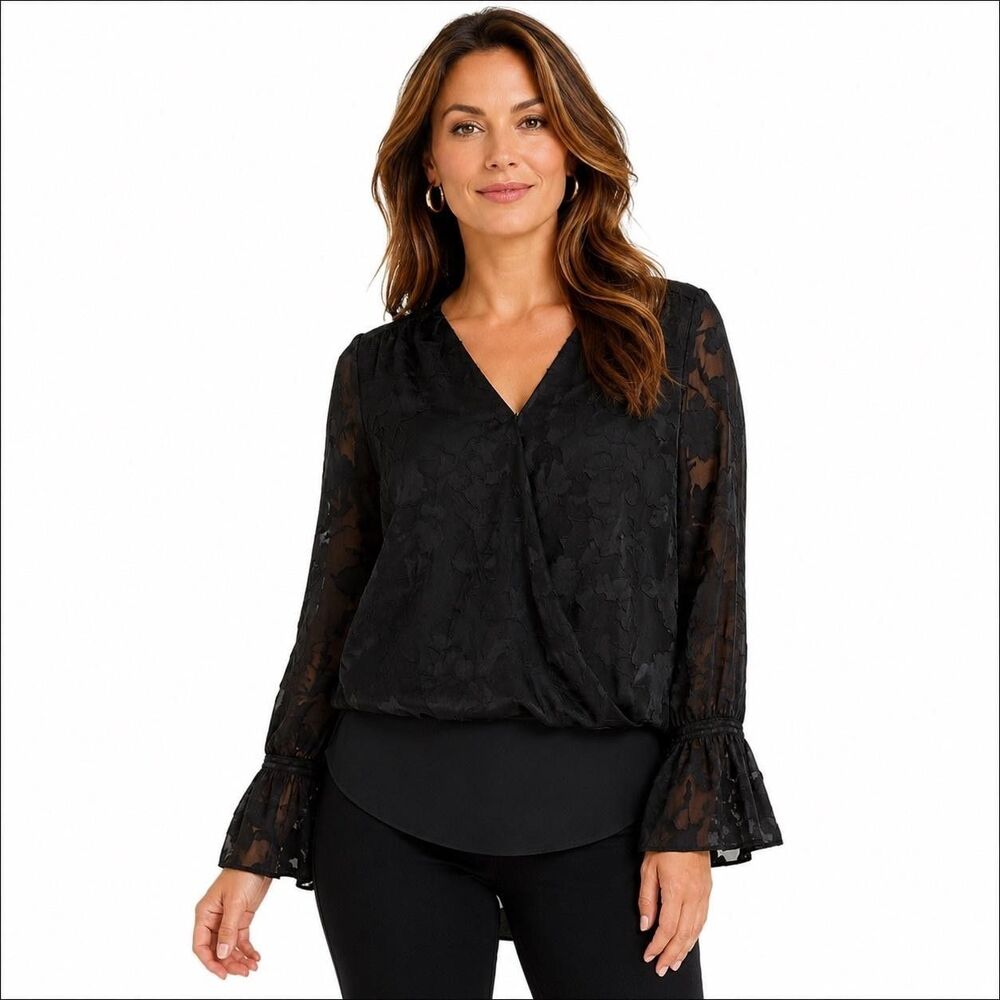 White House Black Market Blouse Womens 4 Black Floral V Neck Bell Sleeve Top